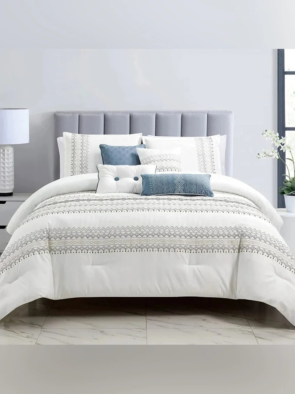 Embroidered Geometric White & Blue Queen 3 piece Comforter Set